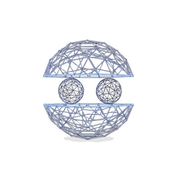 Abstract geometric face made of wireframe spheres and polygons on a white background