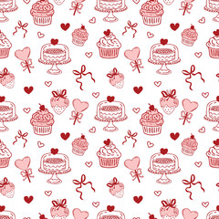 Sweet Valentine Doodle Pattern with Cupcakes, Hearts and Bows in Red and Pink