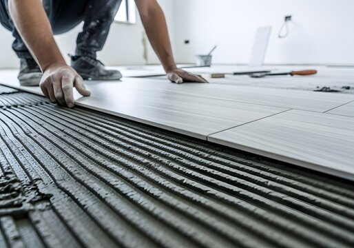 Low-Angle Commercial Photo of Construction Worker Installing Large Gray Ceramic Floor Tile on Adhesive with Trowel Texture