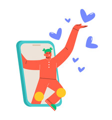 Fototapeta premium Wishlist concept. Woman coming out from giant phone with hearts. Colorful vector illustration
