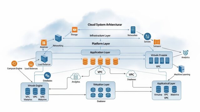 Cloud system architecture diagram with interconnected layers and components including storage, networking, databases, and virtualization