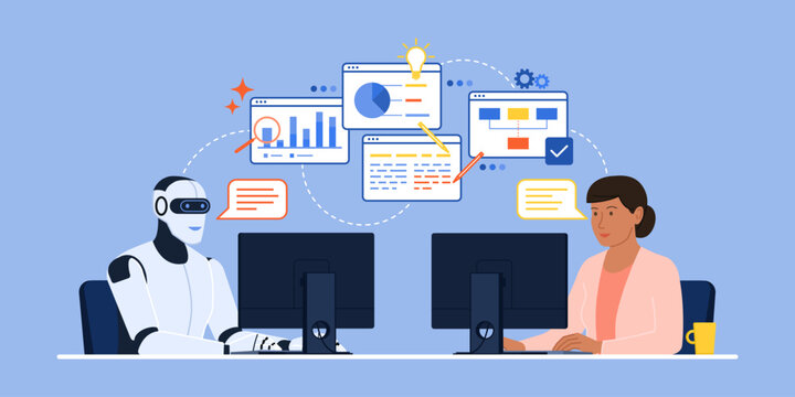 AI robot and businesswoman working together and completing tasks