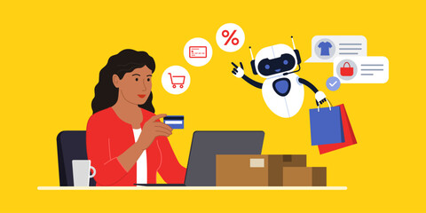 Happy woman doing online shopping and AI agent