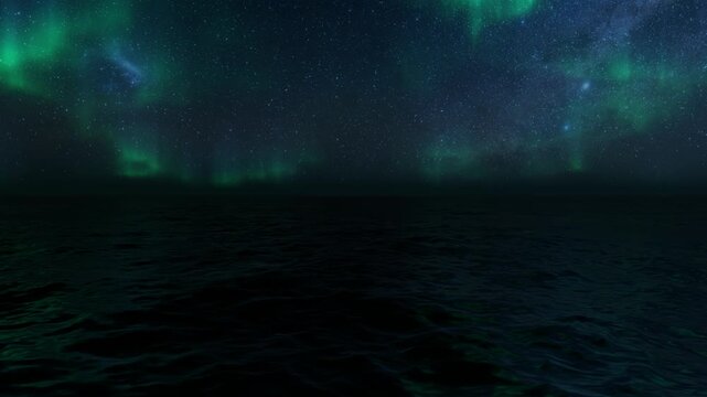 Real Time Brilliant Aurora Borealis Northern Lights Reflecting in Ocean Night Sky