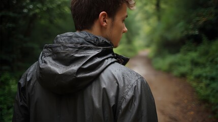 A person in a wet jacket walks on a solitary forest path surrounded by greenery