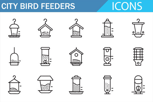 Outline city bird feeder icon set featuring urban garden feeders, hanging seed containers, birdhouses and feeding stations, minimal line style vector icons for wildlife care, nature, backyard design a