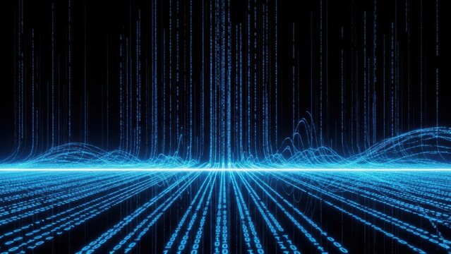 Digital binary code streams with blue light waves and abstract patterns on a dark background