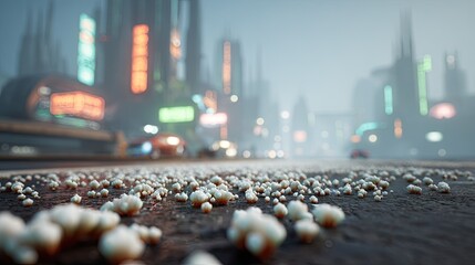Obraz premium Close up view of tiny white organic structures covering pavement in front of a hazy, neon-lit metropolitan skyline