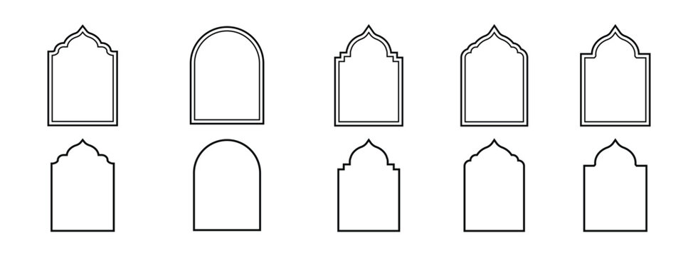 Islamic shape frame, arab ornament arch. Ramadan traditional door, arabesque ornament, islamic window.Vector mosque gate shape isolated on background. Islamic border frame vector set.