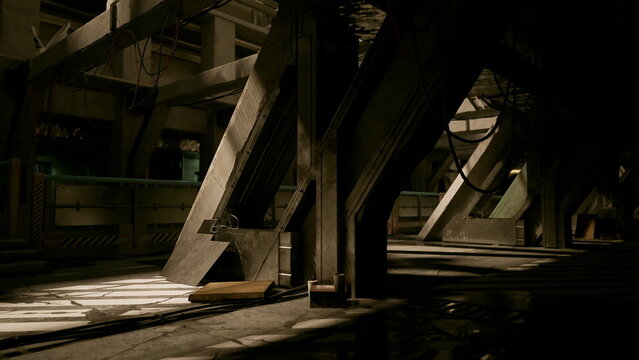 Sunlight streams through the shadows of an abandoned industrial area, illuminating concrete pillars and forgotten equipment. The atmosphere is thick with mystery and history.