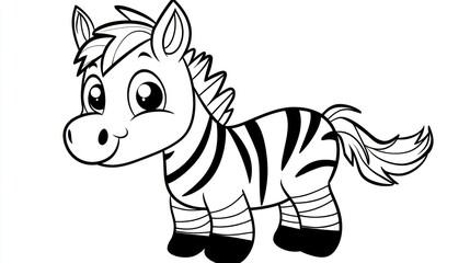 Cute zebra foal, cartoon style, coloring book illustration, children's book, educational resource