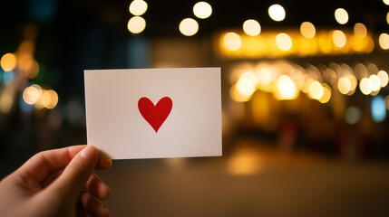 Hand holding white card with red heart in front of glowing city lights, romantic evening atmosphere and love concept.