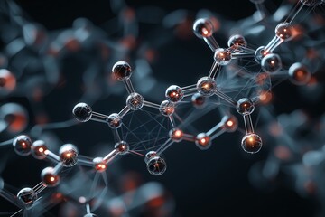 Molecular structure scientific visualization chemistry 3D rendering abstract network connection glowing futuristic technology innovation research laboratory science biology atom electron