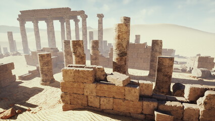 Naklejka premium Amidst golden sands, weathered stone columns rise majestically against the blue sky. The ruins hint at a once grand civilization, lost to time and nature’s embrace.