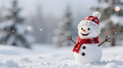 Fototapeta premium Cheerful snowman standing in a snowy field during winter season with a happy expression