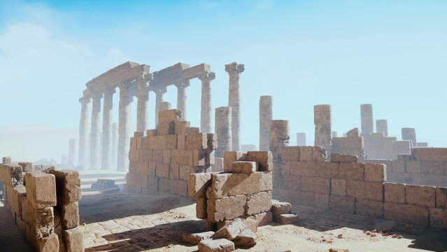 Ruins of ancient stone columns rise majestically against a bright blue sky. Dust swirls around the majestic structures, evoking a sense of wonder and time lost. This is a scene of history preserved.