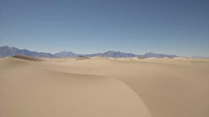 Endless rolling sand dunes create a beautiful scene under a cloudless sky. Mountains stand majestically in the distance, enhancing the desert tranquility and beauty.