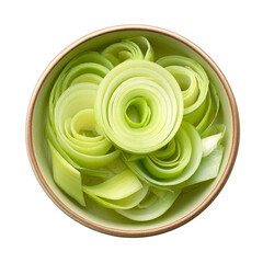 Sliced Leek vegetable in ceramic bowl isolated on transparent background.
