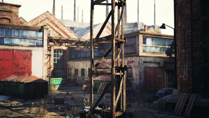 Rusting structures and abandoned buildings create a haunting atmosphere in this neglected industrial area. Overgrown foliage and discarded debris hint at a once bustling place now silent and still.