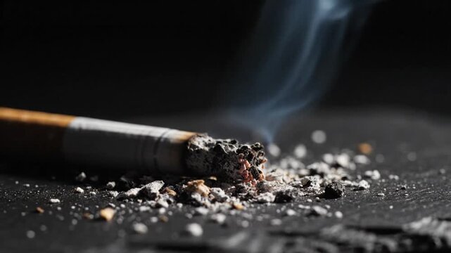 Smoking cigarette butt extinguished with smoke rising from ashes on dark surface close-up view