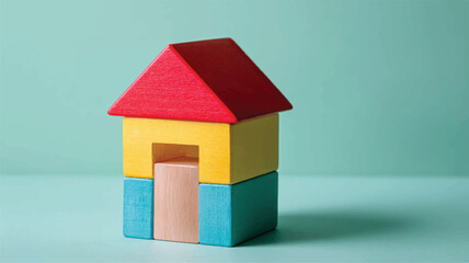 Colorful toy house built from wooden blocks on mint green background. Red roof, yellow walls, blue base. Offers creative play, learning, toddler fun, preschool education 