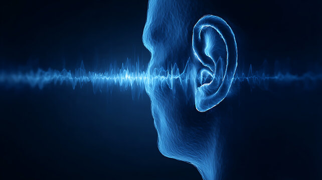 Blue glowing human head in profile with sound wave coming out of ear