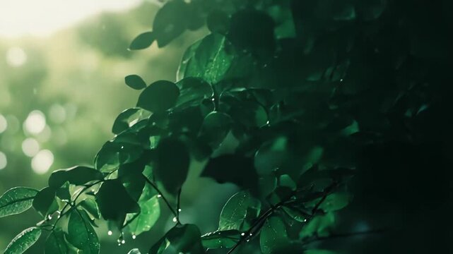 Lush green leaves with water droplets catching the gentle sunlight, representing freshness, nature, and the revitalizing cycle of growth and purity in an outdoor environment