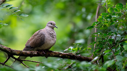 A brown bird perched on a tree branch surrounded by green leaves in a natural setting outdoors
