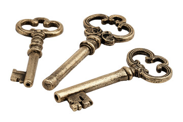 Three antique brass keys, ornate and aged, arranged slightly overlapping, against a white background