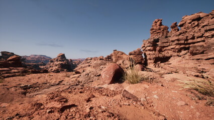 Fototapeta premium Vibrant rock formations rise majestically against a brilliant blue sky. Dried grasses sway gently in the warm breeze, creating a serene atmosphere in this expansive desert.