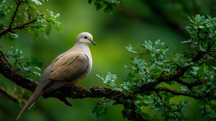 Fototapeta premium A brown and white bird perched on a tree branch surrounded by green leaves outdoors
