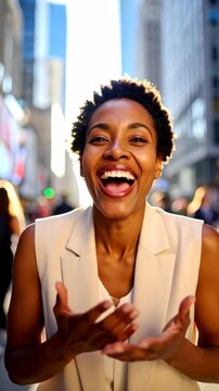 Joyful young woman with Afro laughing outdoors with bright sun flare