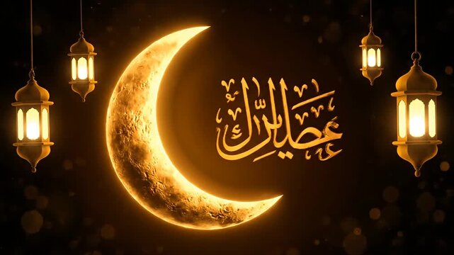 Crescent moon and lanterns illustration with arabic calligraphy