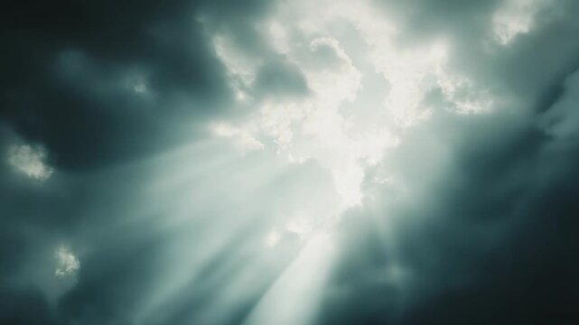 Sun rays penetrating through heavy, dramatic storm clouds, creating a powerful spiritual scene emphasizing hope, light, and the overcoming of adversity with a divine or heavenly feeling