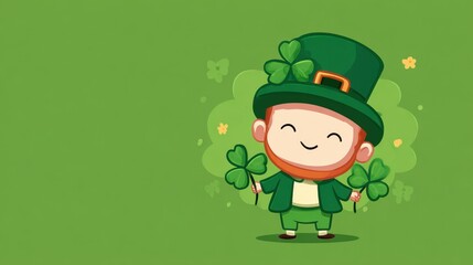 Cartoon leprechaun with shamrocks on green background.