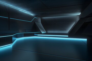 Obraz premium Futuristic architecture with bright blue neon lights illuminating dark modern interior spaces creating mysterious ambiance for abstract backgrounds and futuristic designs