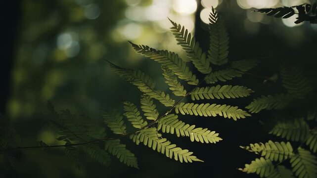 Fern leaf details illuminated by bright sunlight, creating a contrasting natural pattern against a dark, blurred background with bokeh light effects, symbolizing organic growth and tranquility