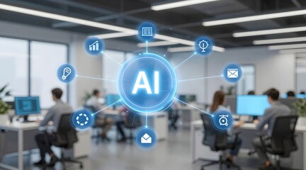 Artificial intelligence concept shown in open office environment with workers in background
