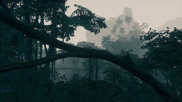 Morning light barely breaks through the dense canopy of the jungle. Shadows play among the towering trees and distant mountains, creating an enchanting atmosphere full of secrets.