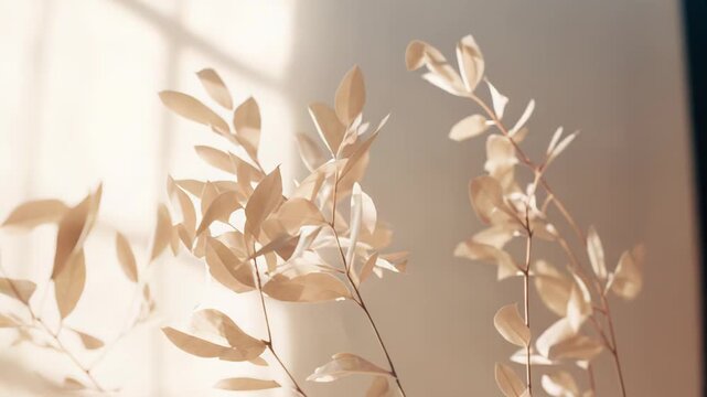 Delicate plant branches with light colored, translucent leaves casting long, soft shadows against a warm beige wall, creating a serene and minimalist aesthetic with natural sun light