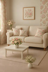 Naklejka premium Elegant living room with a white sofa adorned with floral pillows and bouquets of pink and white roses creating a romantic and classic home interior