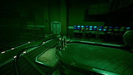 Fototapeta premium Inside a dimly lit control room, green light fills the space, revealing an array of glowing screens and intricate technology. Cables weave through the floor, adding to the atmosphere.