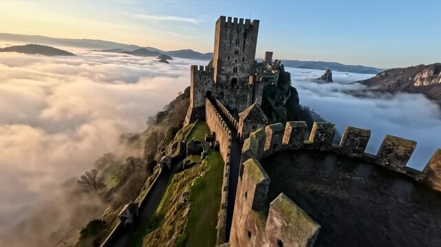 Sweeping aerial drone shot gliding smoothly over massive weathered stone castle walls and towering battlements shrouded entirely in thick morning mist fortification, royalty free, travel