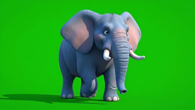 Cartoon Elephant with Gray Skin and White Tusks on a Green Background