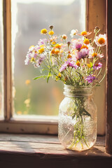 A vintage mason jar with fresh wildflowers on an old wooden windowsill, soft light pouring in and neutral copy space to the side