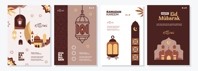 Ramadan Kareem pastel banner, poster, greeting card and cover design set with mosque, crescent moon, and latern images in flat geometric style. © Artoniumw