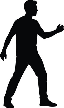 Black silhouette of a man gesturing male person silhouette, man, male, person, gesturing, pointing, walking, black, white background, shadow, figure, human, short, hair, wearing, casual, clothing, oth