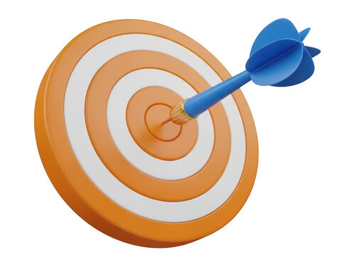 Bullseye target, orange and white dartboard, blue dart arrow, hitting the mark, goal achievement