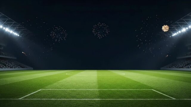 A nighttime view of an empty green soccer field with white lines and stadium lights shining down, set against a dark background with fireworks exploding.
