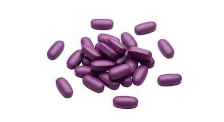 Pile of purple pills for health and medical concept, isolated on white or transparent background. PNG